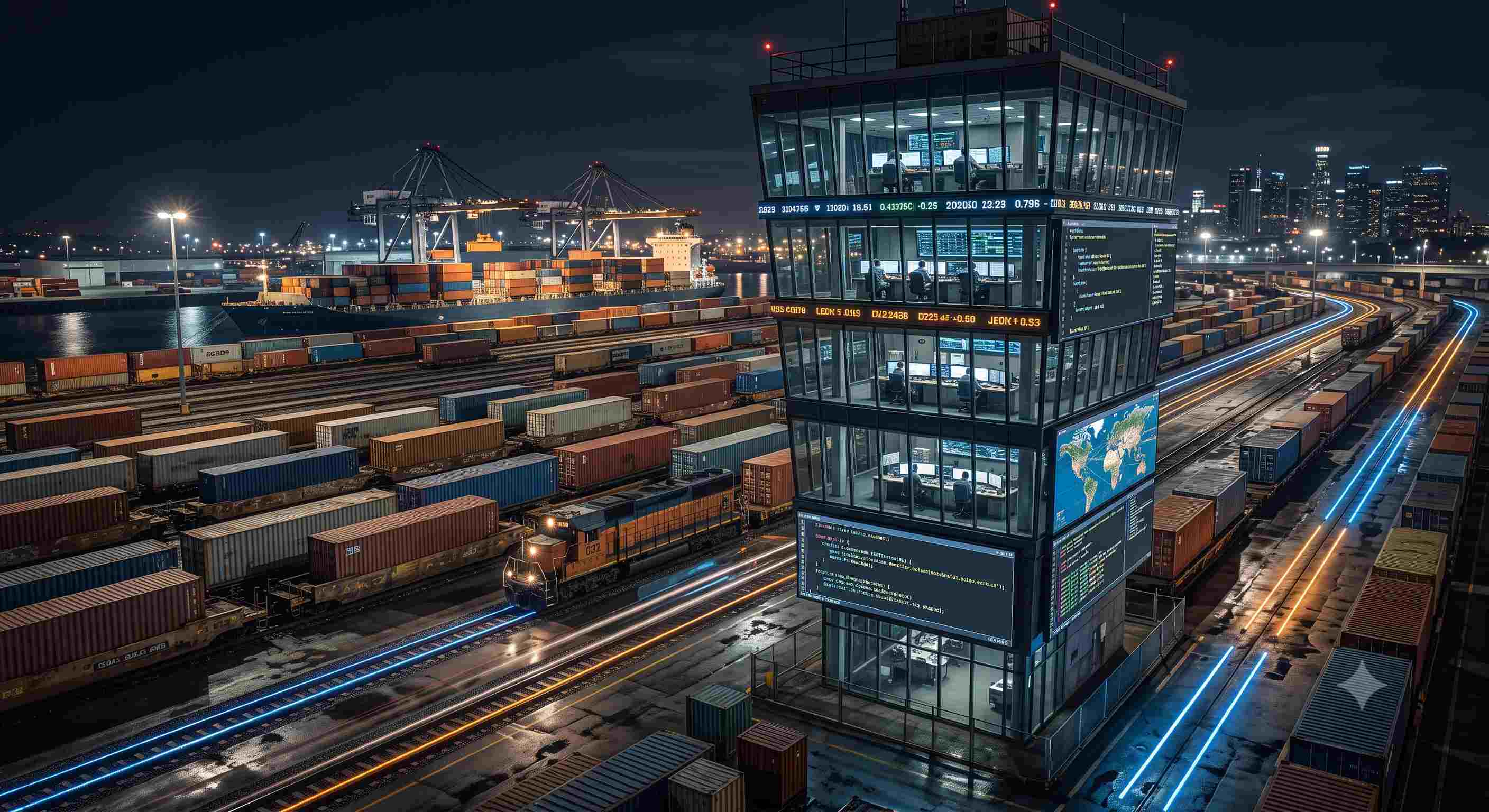 A night freight yard under a full moon: signal lamps, gantries and streams of data moving along converging rails toward a lit dispatcher's tower