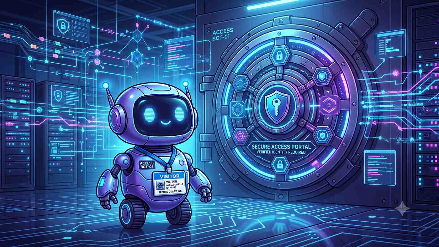 A small robot wearing a clipped-on VISITOR badge reading Access Level 1, standing in front of a locked, glowing secure access door marked Verified Identity Required
