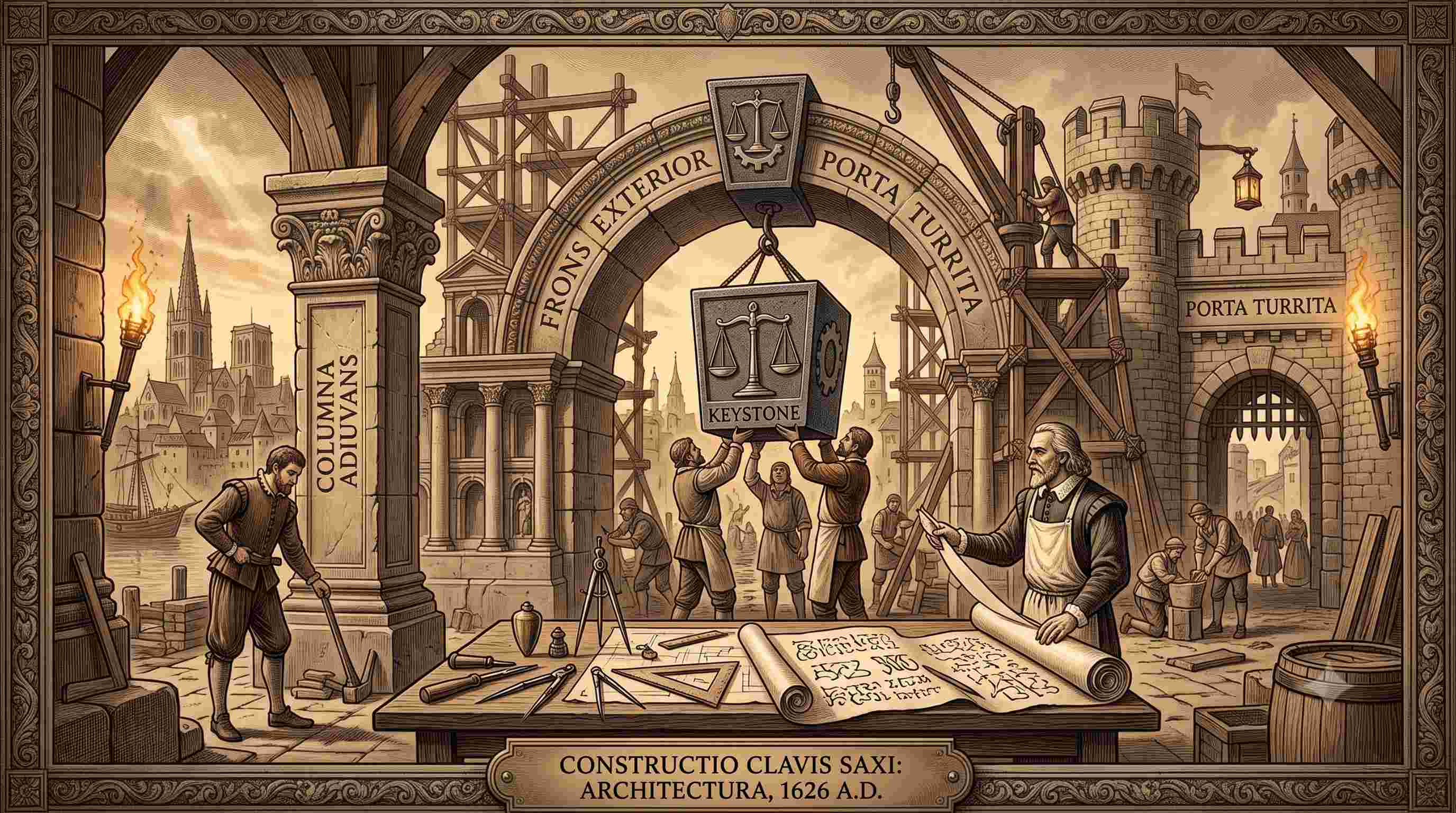 A stone arch with a glowing keystone at its apex, load lines flowing through it to three lit service markers, beside a mission-control go/no-go poll