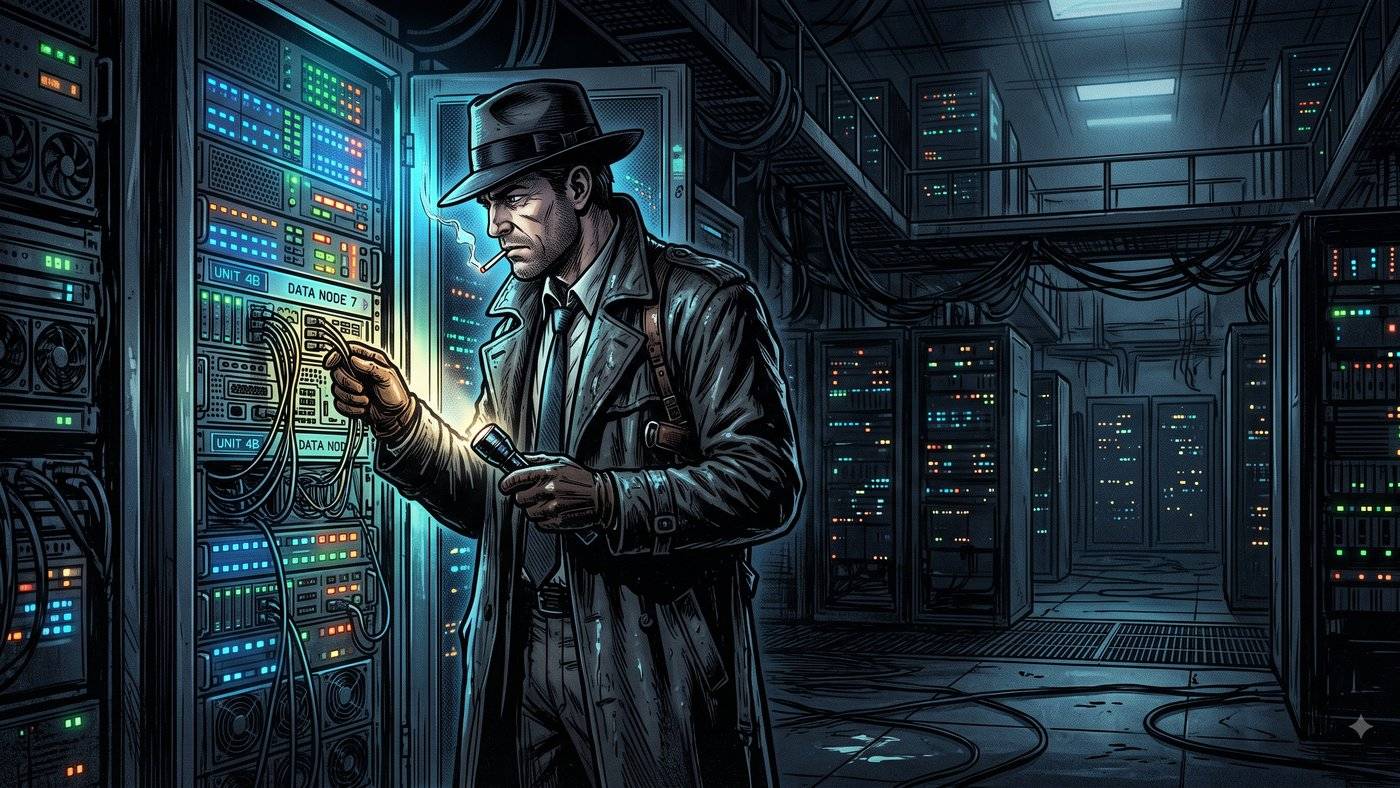 Detective-noir illustration of an engineer tracing a request through a server rack