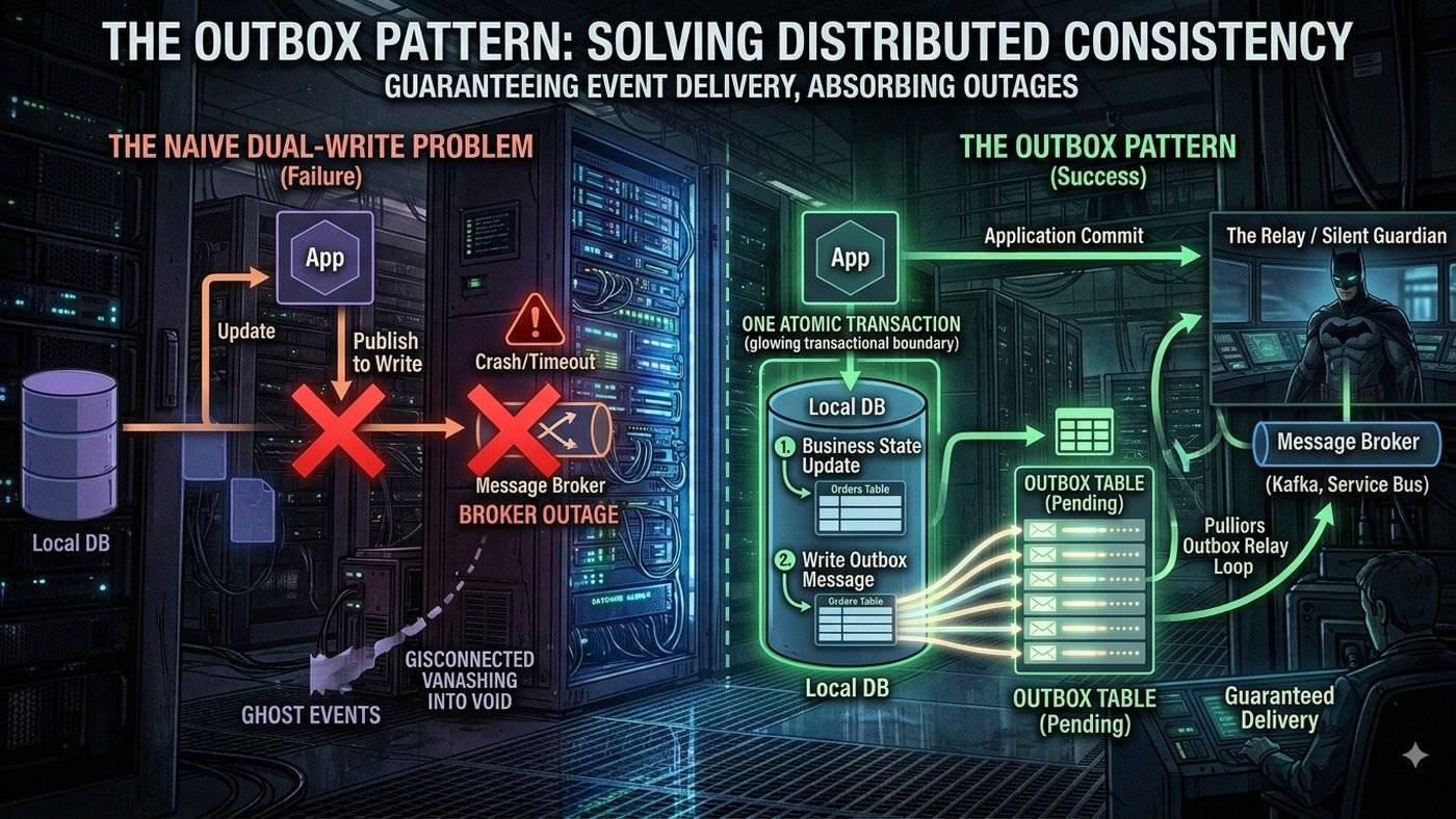 The Outbox Pattern illustration: dual-write failure vs. the outbox relay guaranteeing delivery